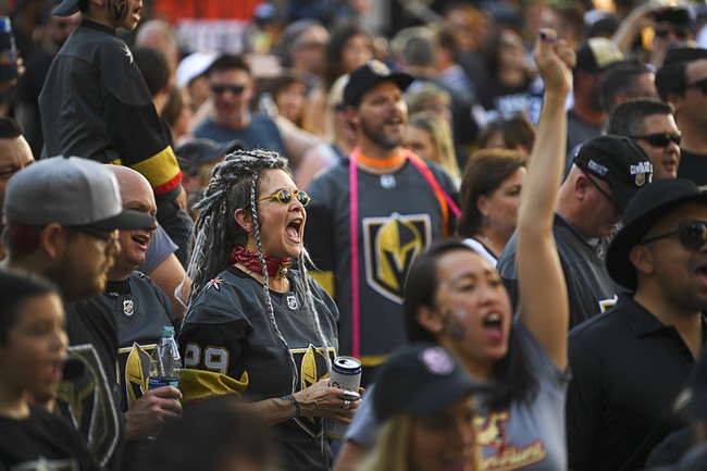Vegas Golden Knights fans cheer during a rally before Game 4 of their NHL hockey Western Conference Final game against the Winnipeg Jets Friday, May 18, 2018, at T-Mobile Arena.