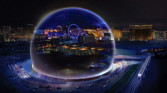 A rendering shows the MSG Sphere Las Vegas arena project, slated to open in 2020 behind the Venetian and Palazzo. This view shows 