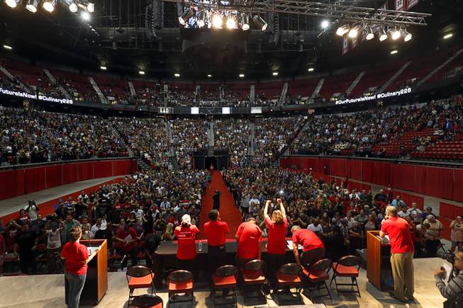 Members of the Culinary Workers Union, Local 226, assemble for a presentation in the Thomas & Mack Center before an evening vote on whether to authorize a strike Tuesday, May 22, 2018, in Las Vegas. A potential strike would affect 34 casino-hotels.
