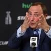 NHL commissioner Gary Bettman gestures during a news conference before Game 1 of the NHL Stanley Cup Finals at T-Mobile Arena Monday, May 28, 2018.