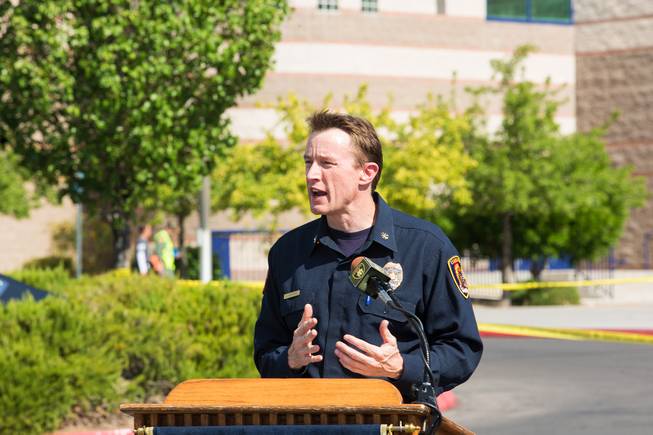Clark Co. Deputy Fire Chief John Steinbeck speaks to the media during an active shooter training scenario held by local law enforcement and first responders at Shadow Ridge High School, Wed. May 30, 2018.