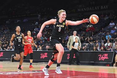 Las Vegas Aces center Carolyn Swords (8) chases down an errant pass during the first half of their WNBA basketball game against the Washington Mystics Friday, June 1, 2018, at Mandalay Bay Events Center.