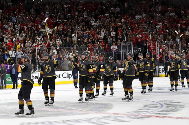 The Vegas Golden Knights salute fans before leaving the ice after losing to the Washington Capitals in Game 5 of the NHL Stanley Cup Final at T-Mobile Arena Thursday, June 7, 2018.