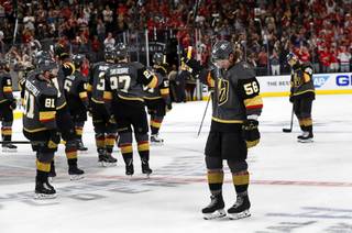 The Vegas Golden Knights give a salute to fans before leaving the ice after losing to the Washington Capitals in Game 5 of the NHL Stanley Cup Final at T-Mobile Arena Thursday, June 7, 2018.