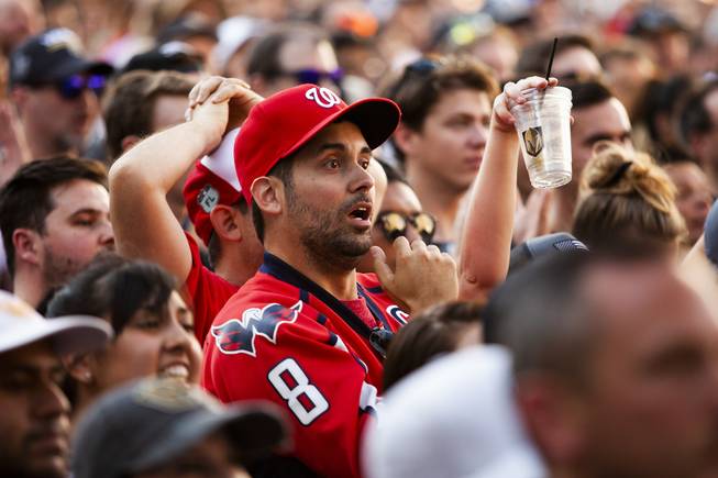 A Capitals fan reacts during Game 5 of the NHL Stanley Cup Final with the Vegas Golden Knights against the Washington Capitals at Toshiba Plaza outside T-Mobile Arena, Thursday, June 7, 2018.