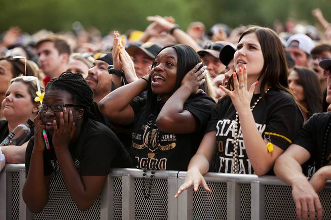 Golden Knights fans react during Game 5 of the NHL Stanley Cup Final with the Washington Capitals against the Vegas Golden Knights at Toshiba Plaza outside T-Mobile Arena, Thursday, June 7, 2018.