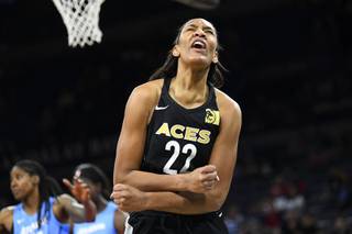Las Vegas Aces center A'ja Wilson (22) reacts to being called for a foul against the Atlanta Dream during their WNBA game Friday, June 8, 2018, at the Mandalay Bay Events Center. The Drem won 87-83.