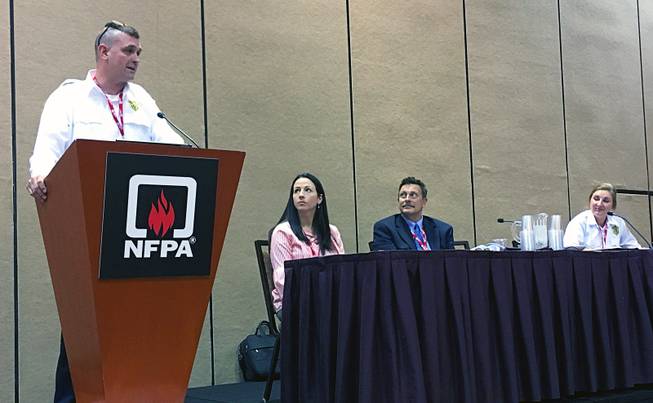 Jacob Nunnemaker of the Massachusetts Department of Fire Services speaks during a panel on marijuana and fire safety at the Mandalay Bay, Monday, June 11, 2018. Also pictured, from left, is Kristin Bigda and Ray Bizal of the National Fire Protection Association as well as Jennifer Hoyt of the Massachusetts Department of Fire Services.