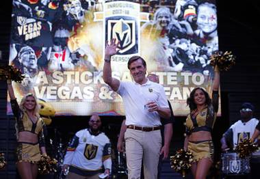 George McPhee, Vegas Golden Knights president of hockey operations and general manager, arrives on stage during a “Stick Salute to Vegas and Our Fans” at the Fremont Street Experience in downtown Las Vegas Wednesday, June 13, 2018.