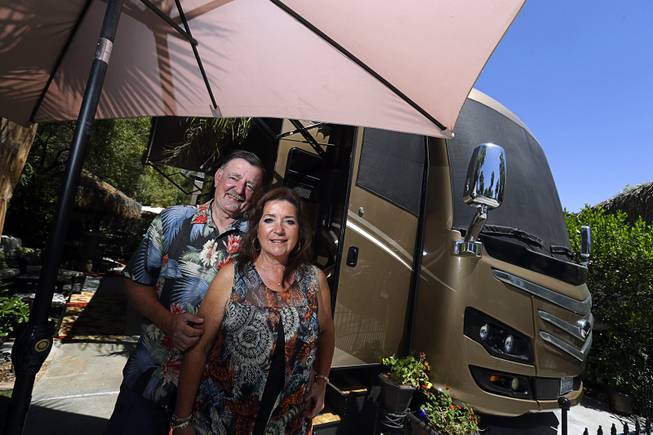 Margie Stites, right, and her husband John Stites outside their coach at the Las Vegas Motorcoach Resort in Las Vegas, May 17, 2018. With motor coach sales rising, many owners find comfort in exclusive enclaves. 