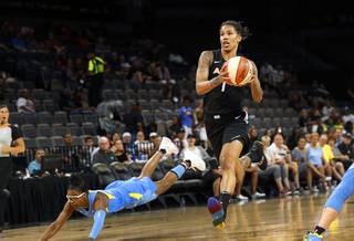 Las Vegas Aces forward Tamera Young (1) drives to the basket during a game against the Chicago Sky at Mandalay Bay Events Center Thursday, July 5, 2018.