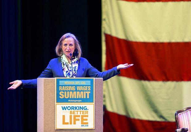 Bobbette Bond of UNITE HERE Health, gives an update on efforts to fight the "Cadillac plan" health care tax during a Nevada AFL/CIO Raising Wages Summit at the College of Southern Nevada, Cheyenne Campus, Tuesday, Jan 12, 2016. STEVE MARCUS