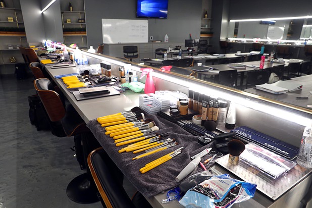 Work stations are shown in a beauty classroom at L Makeup Institute, a makeup school and cosmetic store, at Tivoli Village, 440 S. Rampart Blvd., Thursday, July 12, 2018.