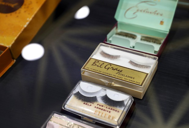 Vintage false eyelashes, previously owned by singer Phyllis McGuire of the McGuire Sisters, are displayed in a case at L Makeup Institute, a makeup school and cosmetic store, at Tivoli Village, 440 S. Rampart Blvd., Thursday, July 12, 2018.