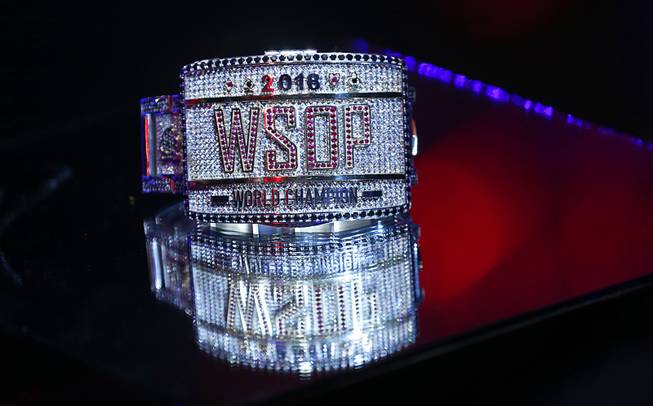 The 2018 World Series of Poker Main Event championship bracelet is displayed at the Rio Saturday, July 14, 2018. The Main Event first place finisher receives $8.8 million in prize money and the championship bracelet.