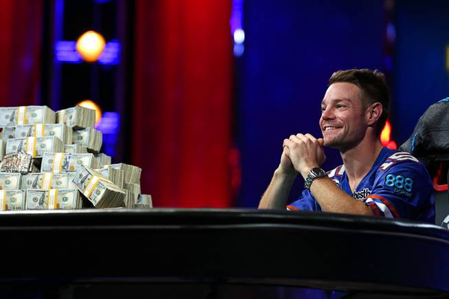 Tony Miles competes against John Cynn during the World Series of Poker Main Event at the Rio Saturday, July 14, 2018.