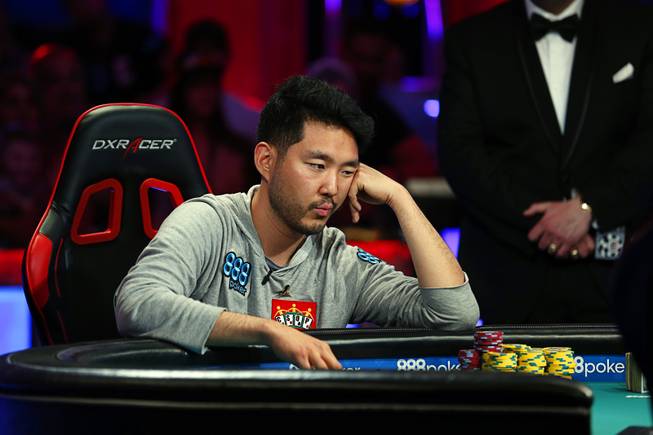 John Cynn competes against Tony Miles during the World Series of Poker Main Event at the Rio Saturday, July 14, 2018.