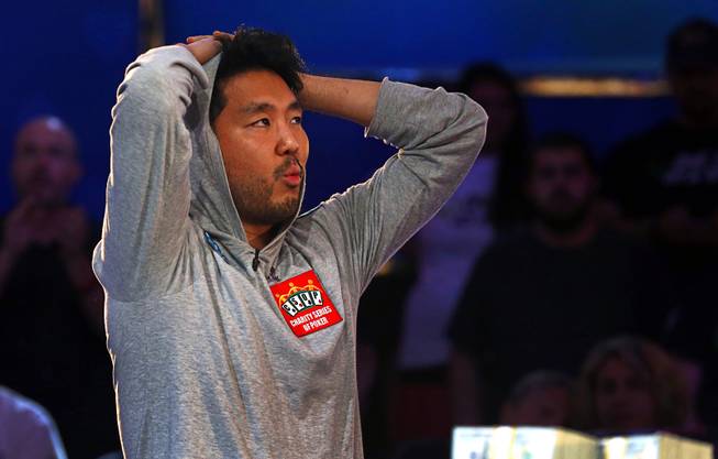 John Cynn waits for the final hand during the World Series of Poker Main Event at the Rio Sunday morning, July 15, 2018.
