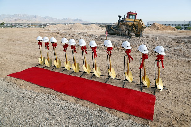 Shovels and hard hats are displayed before a groundbreaking ceremony for the first innovation building in the Harry Reid Research & Technology Park (UNLV Tech Park) on West Sunset Road near Durango Drive Tuesday, July 17, 2018.