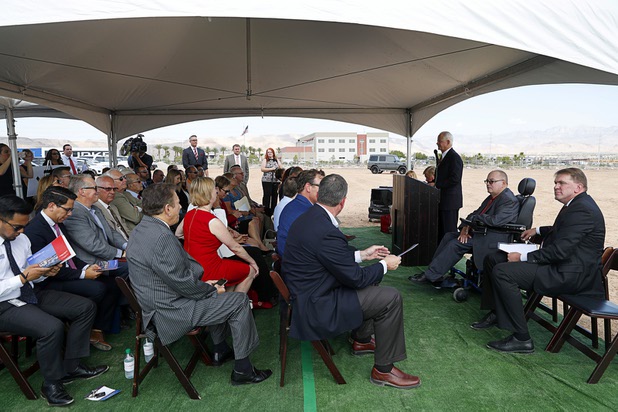 Dan Stewart, Gardner Company partner and vice president, introduces speakers during a groundbreaking ceremony for the first innovation building in the Harry Reid Research & Technology Park (UNLV Tech Park) on West Sunset Road near Durango Drive Tuesday, July 17, 2018.