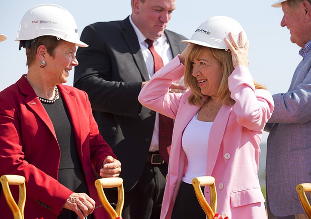 Diane Chase, left, UNLV's executive vice president and provost, and Marta Meana, acting president of UNLV, during a groundbreaking ceremony for the first innovation building in the Harry Reid Research & Technology Park (UNLV Tech Park) on West Sunset Road near Durango Drive Tuesday, July 17, 2018.