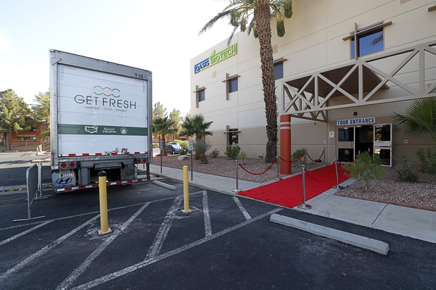 An exterior view of Oasis Biotech, an indoor microgreen and herb vertical farming facility, during their grand opening Wednesday, July 18, 2018.