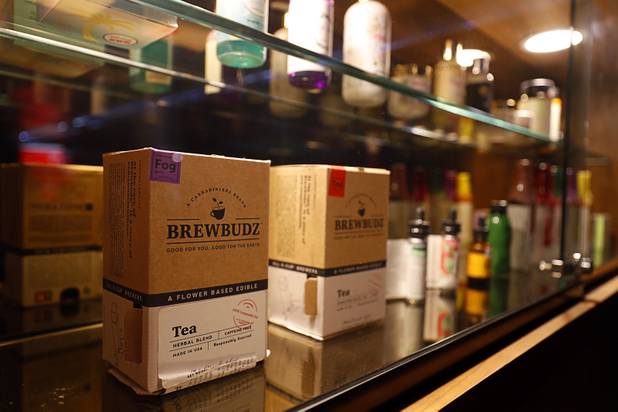 Tea and marijuana-infused drinks are displayed during the grand opening of a MedMen marijuana dispensary, 823 S. 3rd St., in downtown Las Vegas Wednesday, July 18, 2018.