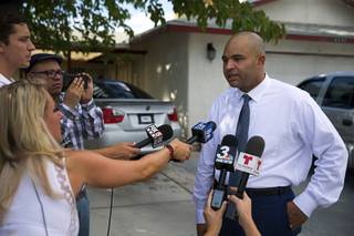Metro Police Lt. Ray Spencer responds to questions following a fatal shooting in the 4100 block of Oakhill Avenue, near U.S. 95 and Harmon Avenue Thursday, July 19, 2018.