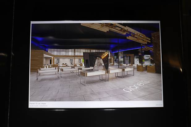 A artist's illustration of the dispensary floor is displayed during a news conference for the Planet 13 Superstore dispensary, a cannabis entertainment complex, under construction on Desert Inn Road near The Strip Thursday, July 19, 2018. Phase 1, expected to be complete in November 2018, will include an interactive entertainment space and more than 16,500 sq. ft. of retail space.