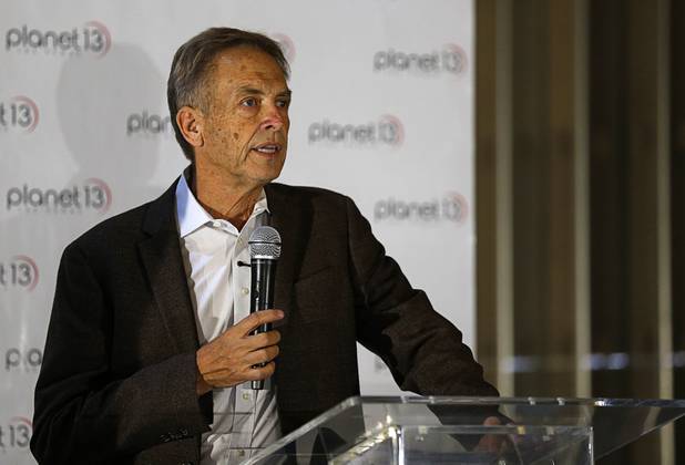 Larry Scheffler, Planet 13 co-CEO, speaks during a news conference for the Planet 13 Superstore dispensary, a cannabis entertainment complex, under construction on Desert Inn Road near The Strip Thursday, July 19, 2018. Phase 1, expected to be complete in November 2018, will include an interactive entertainment space and more than 16,500 sq. ft. of retail space.