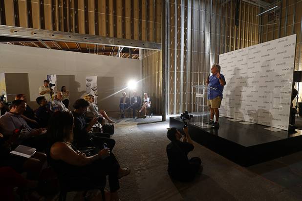 State Sen. Tick Segerblom speaks during a news conference for the Planet 13 Superstore dispensary, a cannabis entertainment complex, under construction on Desert Inn Road near The Strip Thursday, July 19, 2018. Phase 1, expected to be complete in November 2018, will include an interactive entertainment space and more than 16,500 sq. ft. of retail space.