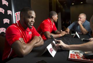UNLV running back Lexington Thomas, left, and defensive end Jameer Outsey speak with reporters during the Mountain West Media Day at the Cosmopolitan in Las Vegas Wednesday, July 25, 2018.