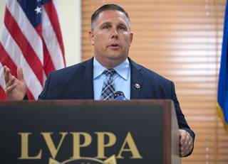 Steve Grammas, president of the Las Vegas Police Protective Association, responds to questions during a news conference at the union's offices in Summerlin Thursday, July 26, 2018. Grammas took questions from reporters following a grand jury decision not to indict former Las Vegas police officer Kenneth Lopera in the death of Tashii Brown.