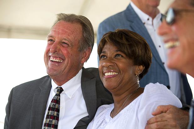 North Las Vegas Mayor John Lee and North Las Vegas City Councilwoman Pamela Goynes-Brown wait for the start of a water pipeline groundbreaking ceremony near Speedway Boulevard and Centennial Parkway in North Las Vegas Tuesday, July 31, 2018. The pipeline, expected to be completed in late 2020, will jumpstart development in the Apex Industrial Park, officials said.