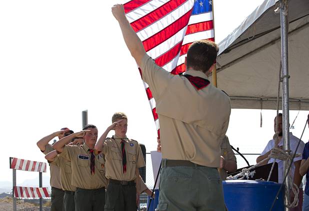 Members of Boy Scout Troop 306 present the colors during a water pipeline groundbreaking ceremony near Speedway Boulevard and Centennial Parkway in North Las Vegas Tuesday, July 31, 2018. The pipeline, expected to be completed in late 2020, will jumpstart development in the Apex Industrial Park, officials said.