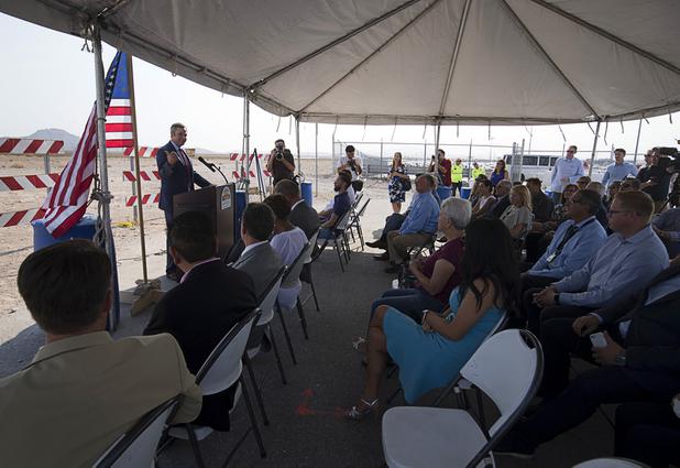 North Las Vegas City Manager Ryann Juden speaks during a water pipeline groundbreaking ceremony near Speedway Boulevard and Centennial Parkway in North Las Vegas Tuesday, July 31, 2018. The pipeline, expected to be completed in late 2020, will jumpstart development in the Apex Industrial Park, officials said.