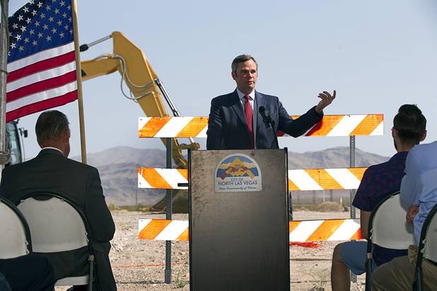 North Las Vegas City Manager Ryann Juden speaks during a water pipeline groundbreaking ceremony near Speedway Boulevard and Centennial Parkway in North Las Vegas Tuesday, July 31, 2018. The pipeline, expected to be completed in late 2020, will jumpstart development in the Apex Industrial Park, officials said.
