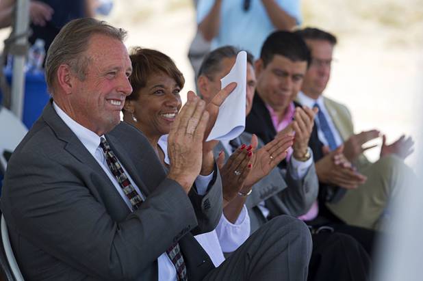 North Las Vegas Mayor John Lee, left, and members of the North Las Vegas city council applaud during a water pipeline groundbreaking ceremony near Speedway Boulevard and Centennial Parkway in North Las Vegas Tuesday, July 31, 2018. The pipeline, expected to be completed in late 2020, will jumpstart development in the Apex Industrial Park, officials said.
