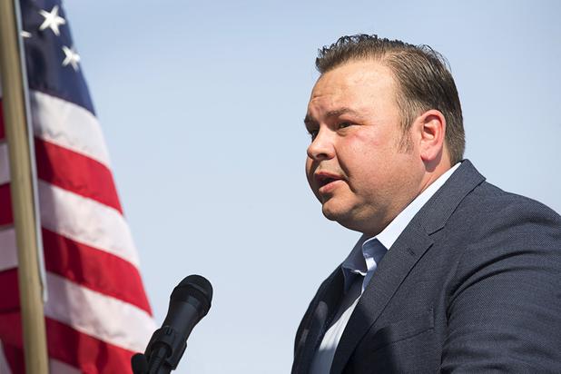 Weston Adams, a partner in the pipeline project, speaks during a water pipeline groundbreaking ceremony near Speedway Boulevard and Centennial Parkway in North Las Vegas Tuesday, July 31, 2018. Adams is a landowner and president of Western States Contracting Inc. The pipeline, expected to be completed in late 2020, will jumpstart development in the Apex Industrial Park, officials said.