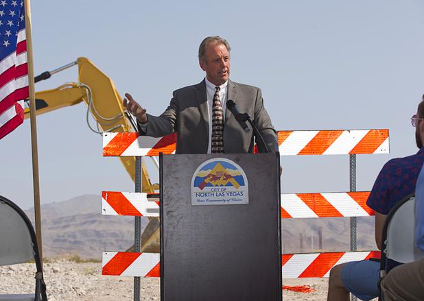 North Las Vegas Mayor John Lee speaks during a water pipeline groundbreaking ceremony near Speedway Boulevard and Centennial Parkway in North Las Vegas Tuesday, July 31, 2018. The pipeline, expected to be completed in late 2020, will jumpstart development in the Apex Industrial Park, officials said.