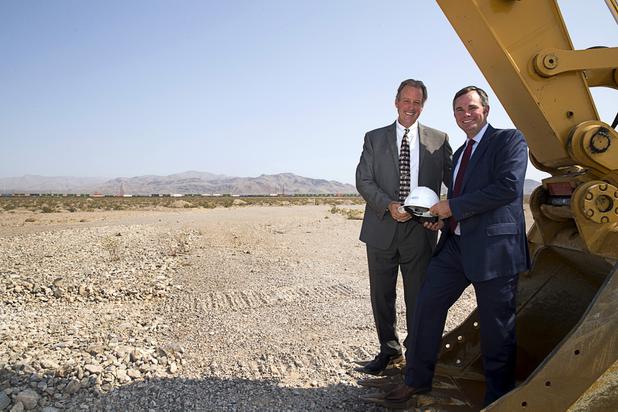North Las Vegas Mayor John Lee and North Las Vegas City Manager Ryann Juden pose for a photo during a water pipeline groundbreaking ceremony near Speedway Boulevard and Centennial Parkway in North Las Vegas Tuesday, July 31, 2018. The pipeline, expected to be completed in late 2020, will jumpstart development in the Apex Industrial Park, officials said.