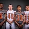 Members of the Legacy High football team pose for a photo at the Las Vegas Sun's high school football media day Tuesday July 31, 2018 at the Red Rock Resort and Casino. They include, from left, Jerry Martin, Jordan Goulet, Amorey Foster and Justin Lang.