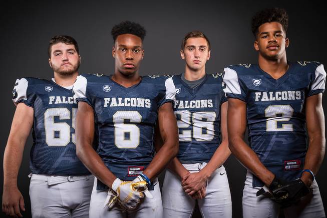 Members of the Foothill High football team pose for a photo at the Las Vegas Sun's high school football media day Tuesday July 31, 2018 at the Red Rock Resort and Casino. They include, from left, Julian Bradley, Braeden Wilson, Jordan Wilson and Jordan Blakely.