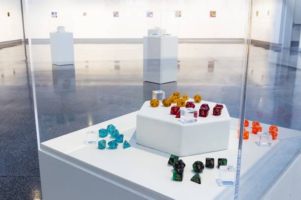 Polyhedral dice used as guides by artist Jerry Misko for his painting exhibit 