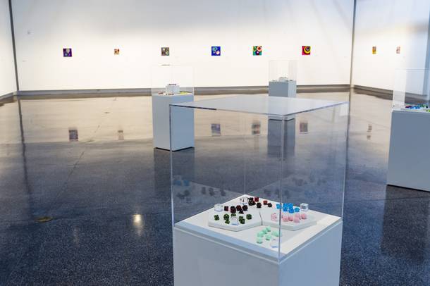 Polyhedral dice used as guides by artist Jerry Misko for his painting exhibit 