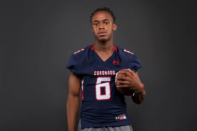 Semaj Bolin of the Coronado High football team poses for a photo at the Las Vegas Sun's high school football media day Tuesday July 31, 2018 at the Red Rock Resort and Casino.