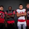Members of the Las Vegas High football team pose for a photo at the Las Vegas Sun's high school football media day Tuesday July 31, 2018 at the Red Rock Resort and Casino. They include, from left, Edwin Artero, Cody Summer, Darrin Akau and Jonathan Broadhead.