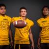 Members of the Bonanza High football team pose for a photo at the Las Vegas Sun's high school football media day Tuesday July 31, 2018 at the Red Rock Resort and Casino. They include, from left, Justwin Encher, Kyle Allison and Justin Bacon.