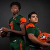 Members of the Mojave High football team pose for a photo at the Las Vegas Sun's high school football media day Tuesday July 31, 2018 at the Red Rock Resort and Casino. They include, from left, Isaiah Harper and Ivan Parra.