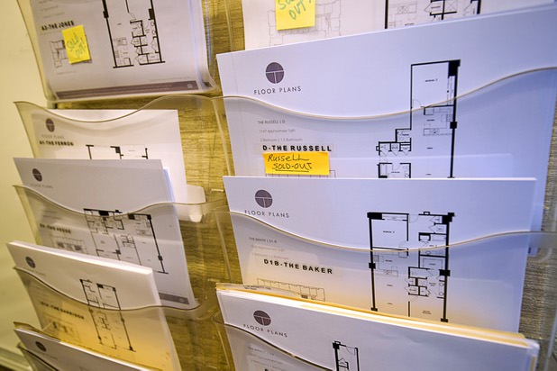 Condo floorpans are displayed in the sales office at the Ogden in downtown Las Vegas Thursday, Aug. 16, 2018.